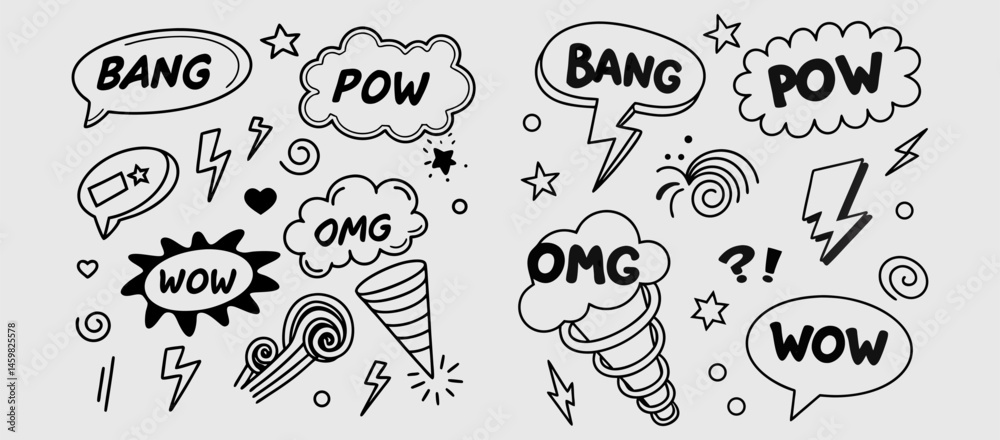 Comic boom cartoon effect line element set. Comic speech bubble pow, boom text, explosive splash smoke, wow cartoon vector icon. Hand drawn sketch doodle explosive element. Vector illustration. EPS