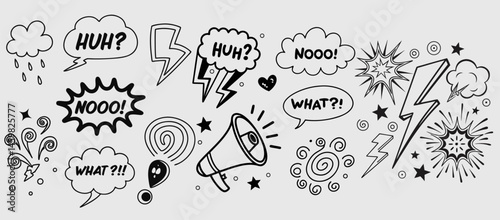 Comic boom cartoon effect line element set. Comic speech bubble pow, boom text, explosive splash smoke, wow cartoon vector icon. Hand drawn sketch doodle explosive element. Vector illustration. EPS