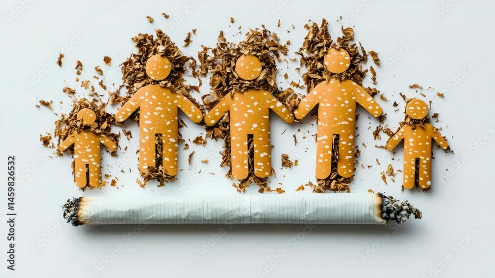 A group of people made from cigarettes and ash, with a focus on the creative use of everyday objects