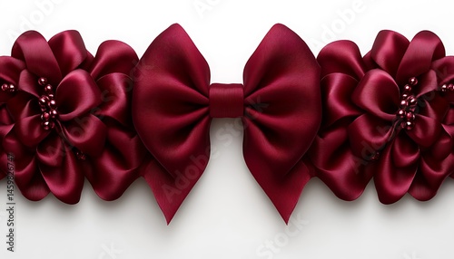 Burgundy satin ribbon bow and flowers photo
