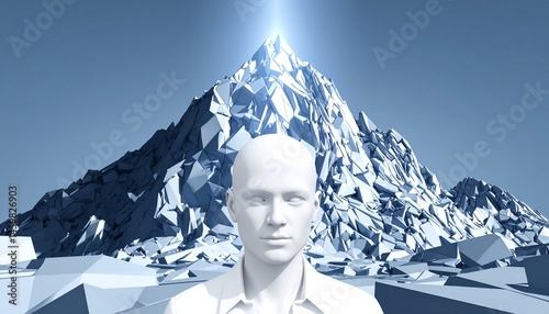 Abstract Ascent: White Stylized Figure Before Icy Peaks Bathed in Ethereal Light, Representing Future Challenges and Untapped Potential