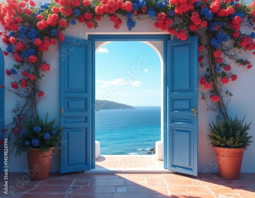 Fototapeta Naklejka Na Ścianę i Meble -  Open blue door framed by red, blue flowers overlooks sea. Travel-inspired house exterior with floral decor, ocean view, sunny day. Concept of trip, vacation, travel destinations, tourism,