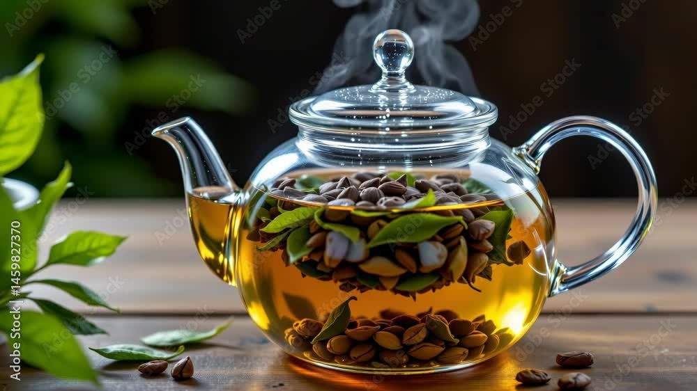 A clear glass teapot filled with steaming tea, tea leaves, and nuts sits on a wooden surface with green foliage in the background. A clear glass teapot filled with steaming tea, tea leaves, and nuts sits on a wooden surface with green foliage in the background.