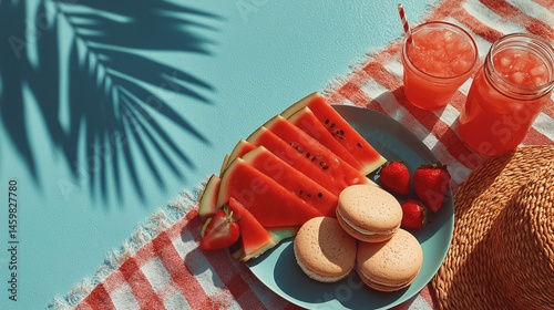  Sliced watermelon, strawberries, and macarons on a blue plate over red picnic blanket with tropical shadow on turquoise background