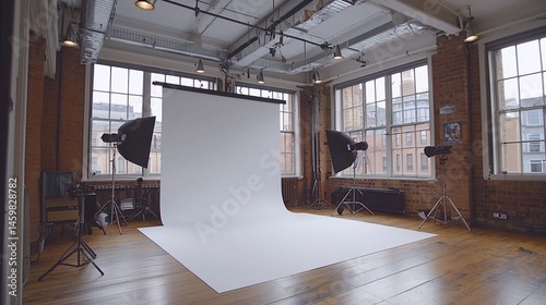 Industrial photography studio with white backdrop