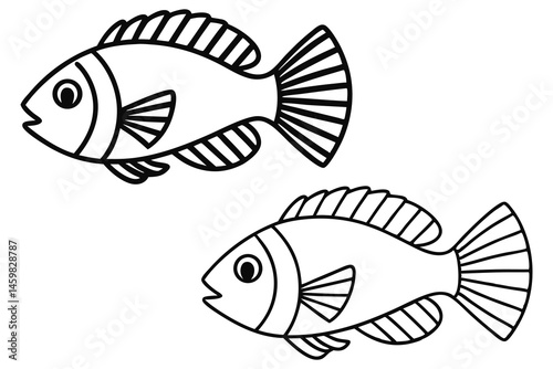 Two cute fish with bold black outlines swim on the white background
