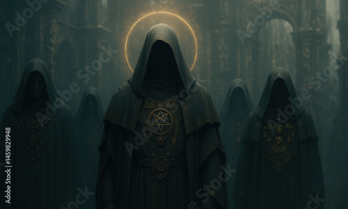 Mysterious Hooded Figures In Dark Ritual Building Forest Scene