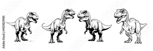Four tyrannosaurus rex dinosaurs standing in a row in black and white