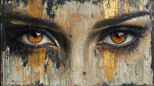 Close-up of expressive amber eyes, detailed brushstrokes, gold and black accents