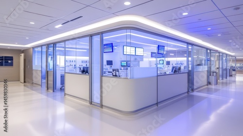 A high-efficiency nurse station designed with soundproof glass partitions, smart lighting adjustments, and real-time health alerts flashing on screens