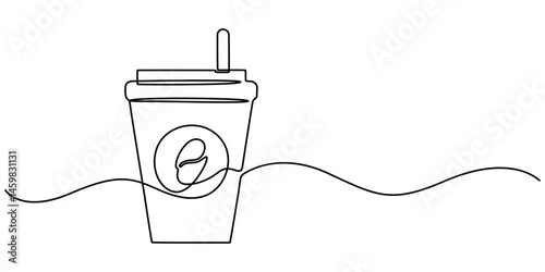 Coffee to go continuous line vector illustration, Paper cup of hot coffee in one Continuous line drawing. Concept of drink to go in line art style. Editable stroke. Vector illustration, Minimal design