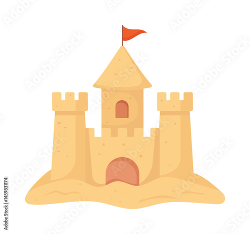 Cute sandcastle with red flag in flat design. Vector illustration for summer, beach, vacation, kids and seaside themes. Isolated on white.