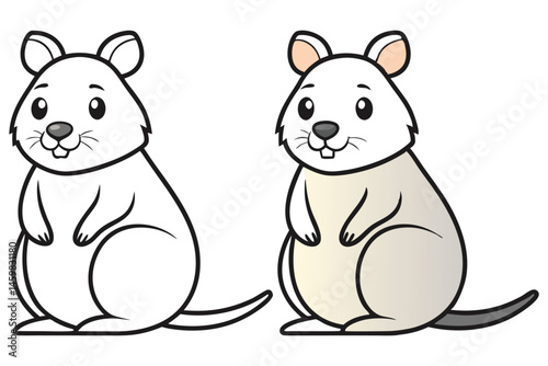 Cartoon quokka appears twice, once in color and once in line art, isolated on white background