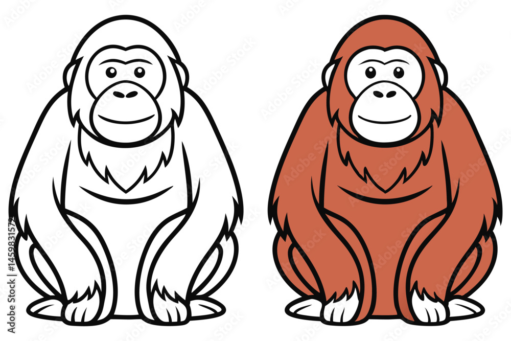 Obraz premium One orangutan is presented in brown and another is in black and white isolated on white background