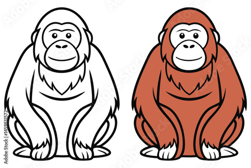 One orangutan is presented in brown and another is in black and white isolated on white background