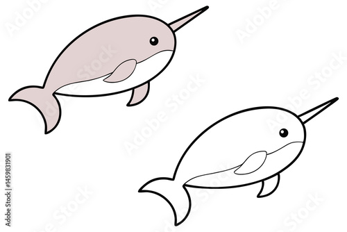 Two cheerful cartoon narwhals, one shaded pale lavender, swim happily isolated on white background