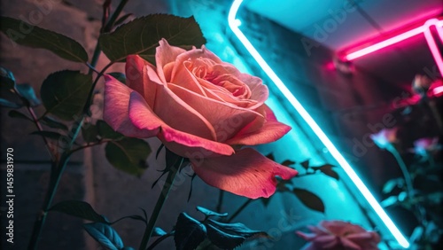 Pink rose illuminated by neon lights.
