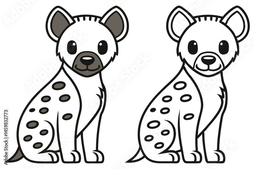 Two seated hyena characters show a filled version and an outline version isolated on white