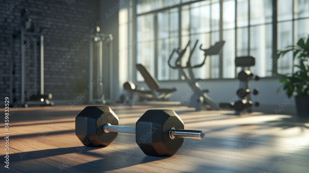 Fototapeta premium 3D rendering of dumbbells on the floor with gym equipment visible in the background of a fitness room