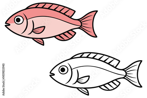 Two cartoon fish appear one shaded pink, the other outlined, isolated on white background
