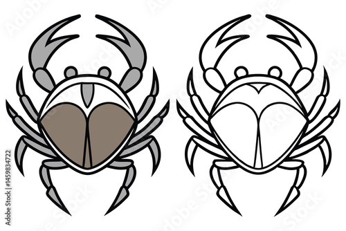 Color filled and outline crab side by side displaying crustacean on white