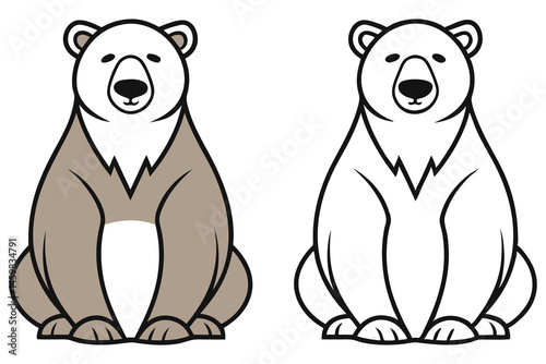 Cute seated bear animal with brown coat and its outline next to it, isolated on white background