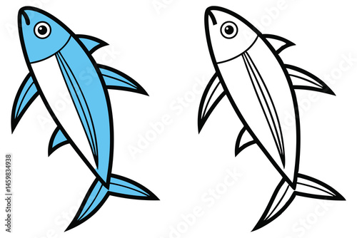 Outlined cartoon fish illustration shows both colored and line versions for creative use