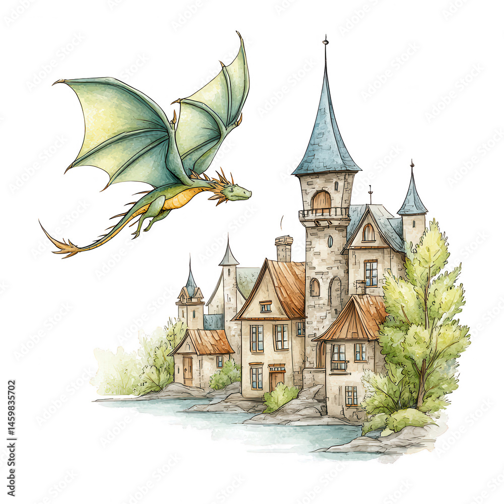 Obraz premium A green dragon soars over a medieval castle perched near a peaceful lake.