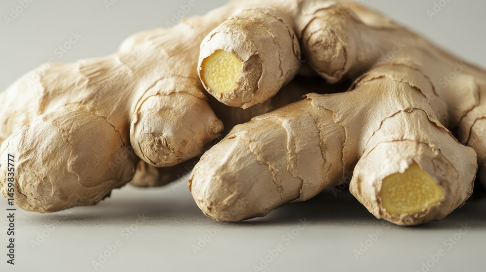 Fototapeta premium A hyper realistic close up of fresh ginger root with deep and placed on a neutral toned background soft diffused