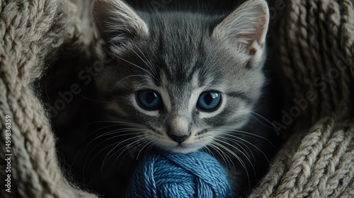 Adorable grey kitten nestled in knitwear, holding blue yarn ball.