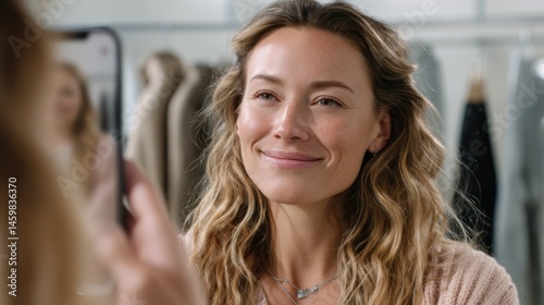 A woman with wavy hair smiles as she uses her smartphone to explore virtual fashion try-on options in an upscale clothing store during daytime Free Download A woman with wavy hair smiles as she uses her smartphone to explore virtual fashion try-on options in an upscale clothing store during daytime - GFXLoad
