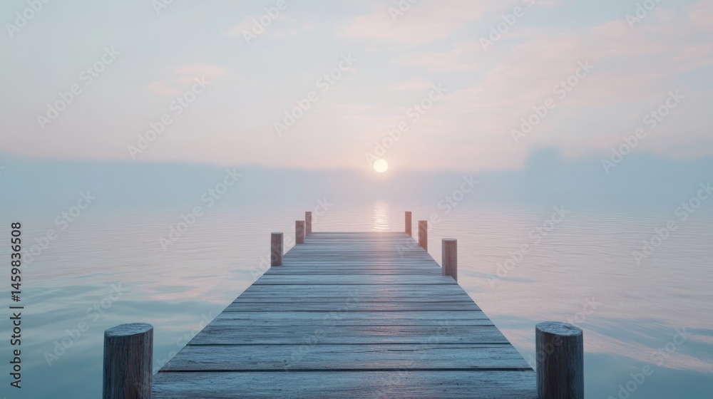 Fototapeta premium Serene wooden dock extends into a hazy sunrise.