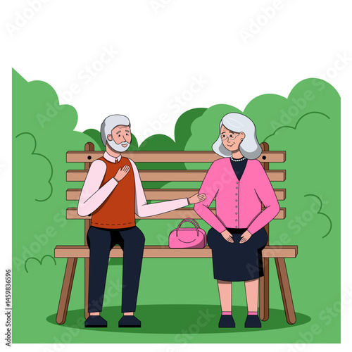 Senior couple sitting on a park bench and talking elderly man and woman spending time outdoors