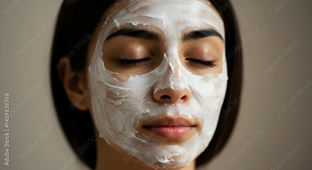 Fototapeta premium Fresh-faced beauty portrait with white clay mask, clean beauty inspiration
