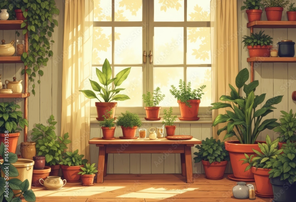 Fototapeta premium Cozy indoor garden with potted plants and warm sunlight streaming through the window
