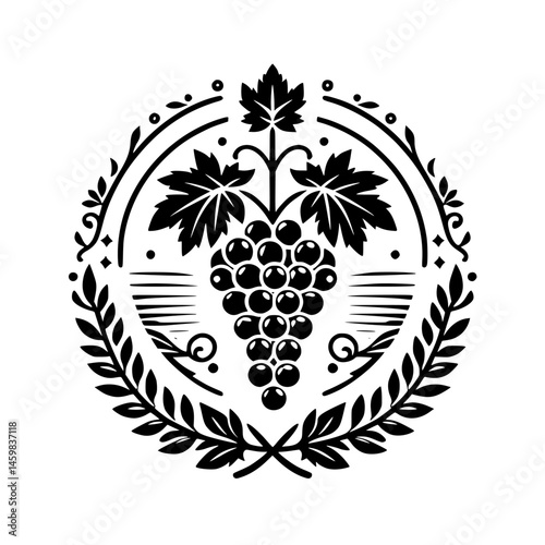 Vintage Grapevine Crest: Elegant Black & White Design for Wine & Food Branding