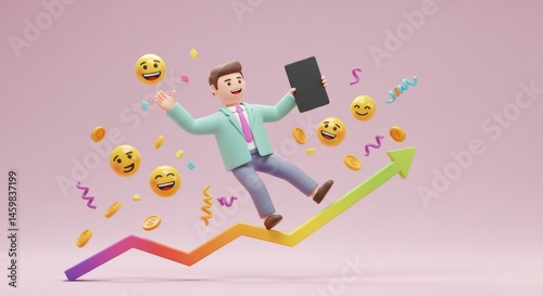 Joyful 3D Cartoon Businessman Riding Upward Trending Arrow Surrounded by Emojis and Confetti