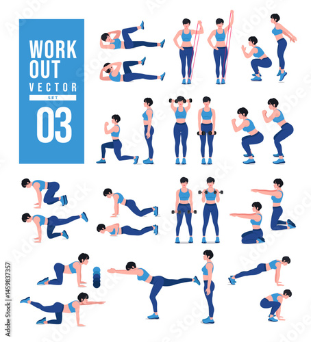 Women Workout Set. Women doing fitness and yoga exercises. Lunges, Pushups, Squats, Dumbbell rows, Burpees, Side planks, Situ ps, Glute bridge, Leg Raise, Russian Twist, Side Crunch .etc