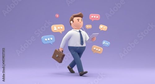 3D Render of Businessman Walking, Using Tablet, Surrounded by Social Media Notifications