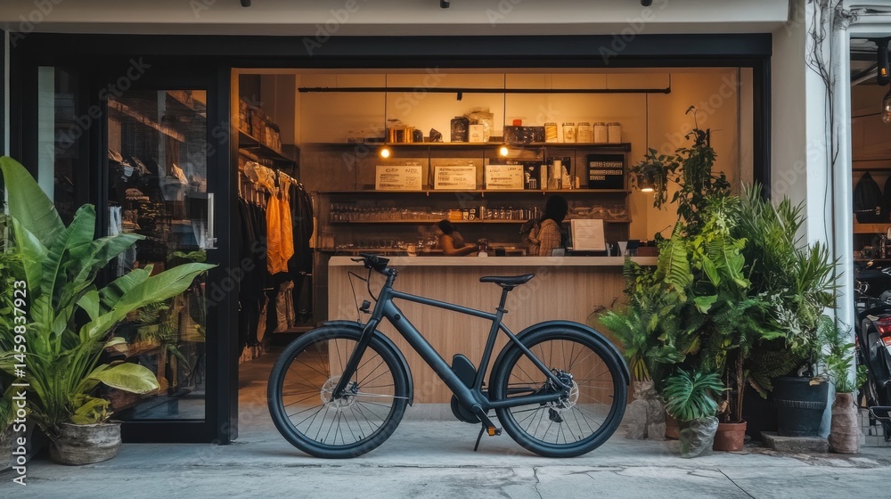 Fototapeta premium Stylish black e-bike parked outside a modern bicycle shop.