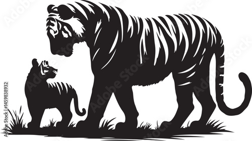 Black and white silhouette of a tiger walking with its tail curled