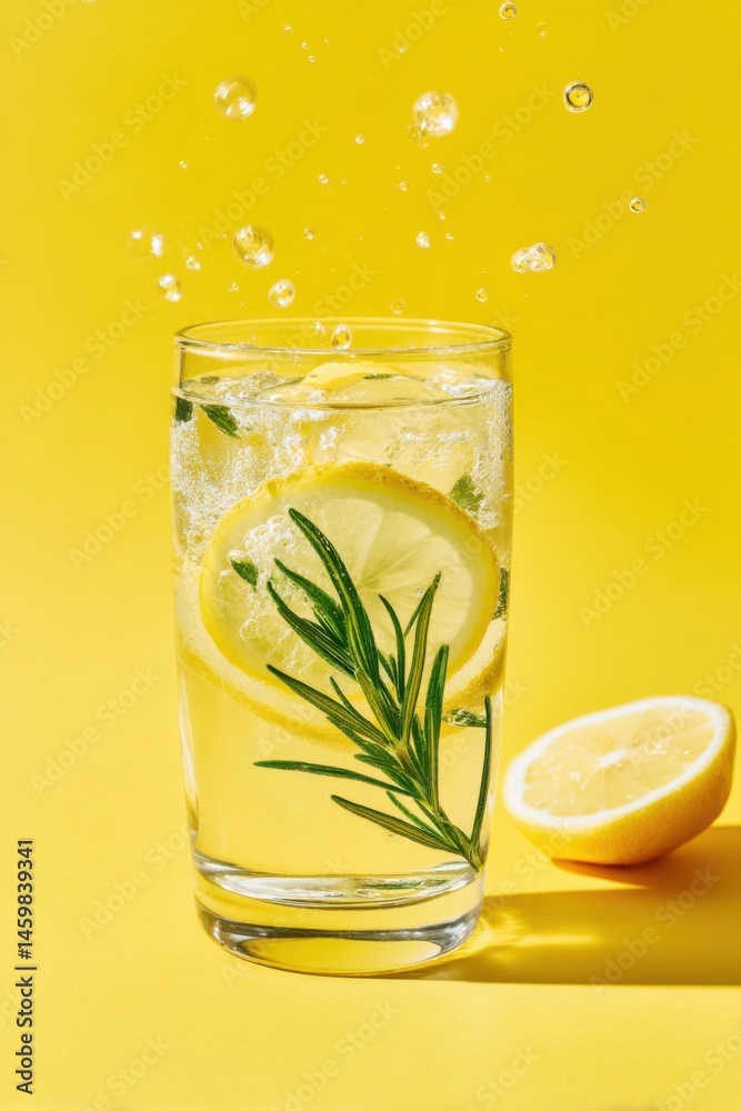 Fototapeta premium Refreshing rosemary lemonade with lemon slices and splashing water on yellow background