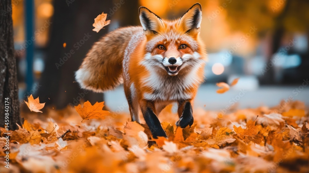 Naklejka premium Red fox running through autumn leaves. (1)