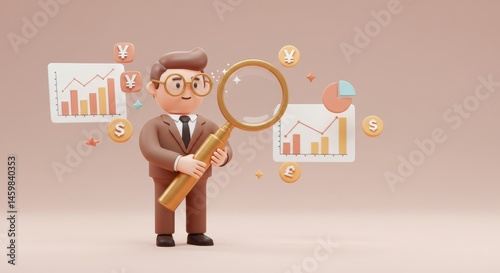 3D Cartoon Businessman Analyzing Financial Growth Charts with Magnifying Glass