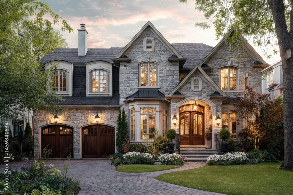 Obraz premium Grand stone house at dusk. Warm lighting illuminates the beautiful entryway and landscaping.