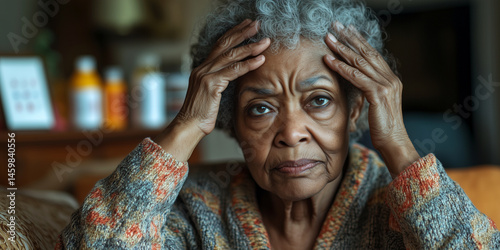 Elderly African-American woman who has dementia sits alone in silent home, elderly african-american woman, worried expression, memory loss, hands on head, alzheimer's disease, brain disease