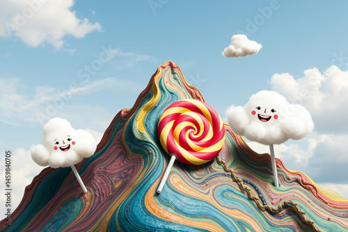 Whimsical candy mountain landscape with smiling clouds and giant lollipop