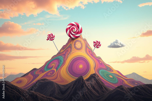 Vibrant mountain landscape with swirly lollipops and psychedelic patterns at sunset