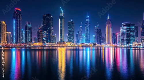 Wallpaper Mural Night cityscape, colorful skyscrapers reflected in water. Torontodigital.ca