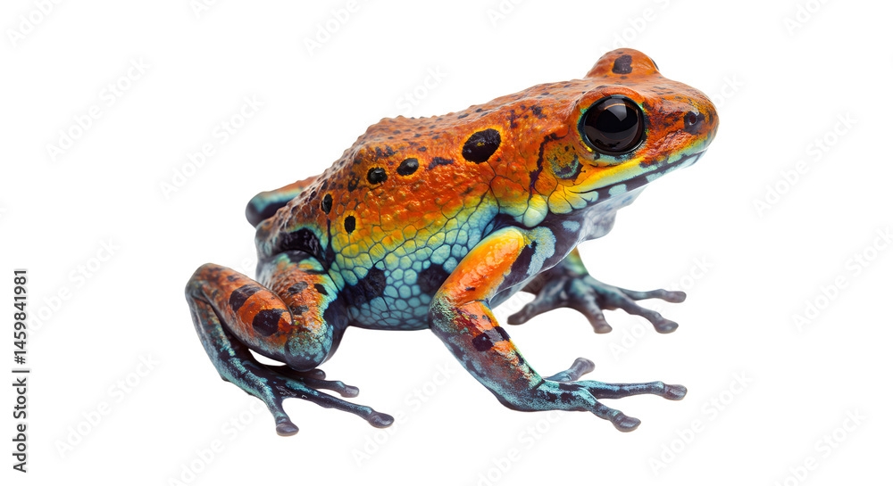 Obraz premium Vibrantly colored frog perched on a rock, surrounded by lush greenery, showcasing nature's beauty and biodiversity